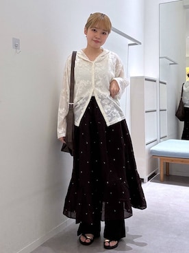 「GLOBAL WORK（グローバルワーク）のmeets India/ティアード刺繍スカート/625306（スカート、ブラウン系）」を使った、みずほさん（レディース・154cm）の夏コーディネート