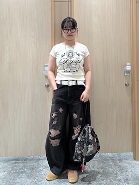 「X-girl（エックスガール）のDISTRESSED BAGGY DENIM PANTS（デニムパンツ、ブラック系）」を使った、しおりさん（レディース・160cm）の夏コーディネート