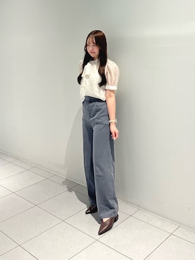 「EVOL（イーボル）の【EVOL】Vカットポインテッドスタックヒールパンプス IU5031（パンプス、ブラウン系）」を使った、madocaさん（レディース・158cm）の夏コーディネート