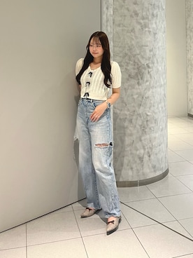 「EVOL（イーボル）の【軽量・柔らかい】ダブルリボンポインテッドパンプス IY5631（パンプス、ブラウン系）」を使った、madocaさん（レディース・158cm）の秋コーディネート