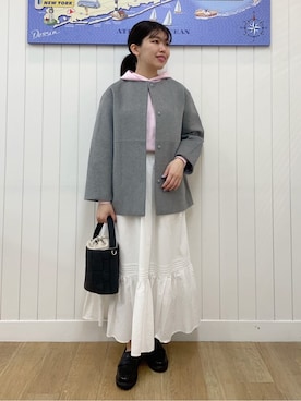 「Dessin（デッサン）のウール混クルーネックコート（ノーカラーコート、グレー系）」を使った、Mayaさん（レディース・159cm）の冬コーディネート