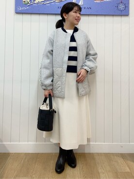 「Dessin（デッサン）の【洗える】ダンボールコンビノーカラーコート（ノーカラーコート、グレー系）」を使った、Mayaさん（レディース・159cm）の冬コーディネート