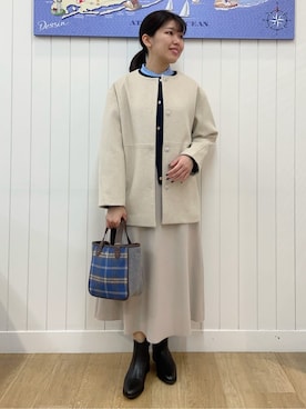 「Dessin（デッサン）のウールカシミヤカーディガン（カーディガン/ボレロ、ブルー系）」を使った、Mayaさん（レディース・159cm）の冬コーディネート