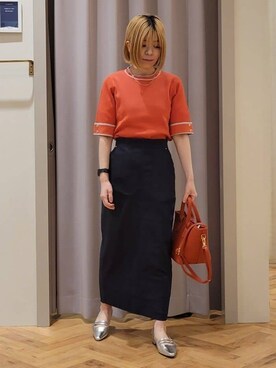 「grove（グローブ）の【貴島明日香さん着用】やわらかドライタッチ 袖メッシュ編みニット（ニット/セーター、レッド系）」を使った、YOSIさん（レディース・152cm）の春コーディネート