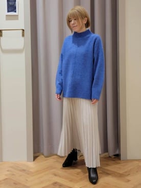 「grove（グローブ）の【洗える】ふんわりウール混オーバーサイズニット（ニット/セーター、ブルー系）」を使った、YOSIさん（レディース・152cm）の冬コーディネート
