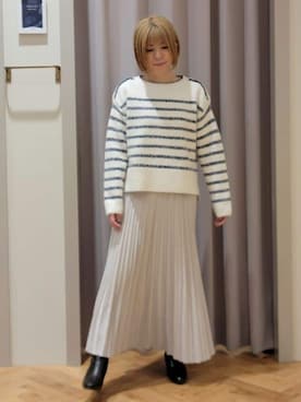 「grove（グローブ）のボーダーブークレーニット（ニット/セーター、ブルー系）」を使った、YOSIさん（レディース・152cm）の冬コーディネート