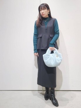 「OPAQUE.CLIP（オペークドットクリップ）のハイネックリブニット【洗濯機OK】（ニット/セーター、グリーン系）」を使った、hmさん（レディース・160cm）の秋コーディネート