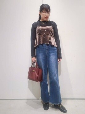 「OPAQUE.CLIP（オペークドットクリップ）のシアーラウンドネックカットソー【洗濯機洗い可】（Tシャツ/カットソー、ブラック系）」を使った、hmさん（レディース・160cm）の秋コーディネート