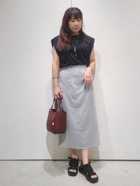 「OPAQUE.CLIP（オペークドットクリップ）のボクシーノースリーブカットソー【洗濯機洗い可】（Tシャツ/カットソー、ブラック系）」を使った、hmさん（レディース・160cm）の夏コーディネート