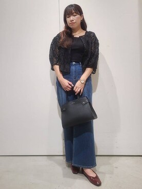 「OPAQUE.CLIP（オペークドットクリップ）のシアー刺繍レース前開きブラウス【洗濯機洗い可】（シャツ/ブラウス、ブラック系）」を使った、hmさん（レディース・160cm）の夏コーディネート