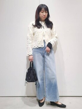 「OPAQUE.CLIP（オペークドットクリップ）のリラクシーロゴプリントTシャツ【洗濯機OK】（Tシャツ/カットソー、ホワイト系）」を使った、hmさん（レディース・160cm）の春コーディネート