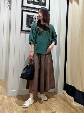 「Dessin（デッサン）のバックヘンリーカットソー5分袖（Tシャツ/カットソー、グリーン系）」を使った、mihoさん（レディース・161cm）の夏コーディネート