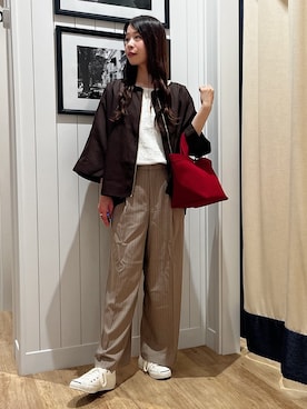 「Dessin（デッサン）のドルマンスリーブ シアーシャツブルゾン（ブルゾン、ブラウン系）」を使った、mihoさん（レディース・161cm）の秋コーディネート