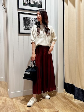 「Dessin（デッサン）のバックヘンリーカットソー5分袖（Tシャツ/カットソー、ベージュ系）」を使った、mihoさん（レディース・161cm）の秋コーディネート