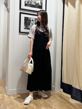 「Dessin（デッサン）の【汗シミ防止/UVカット】配色スリーブ 五分袖プルオーバー（Tシャツ/カットソー、グレー系）」を使った、mihoさん（レディース・161cm）の夏コーディネート