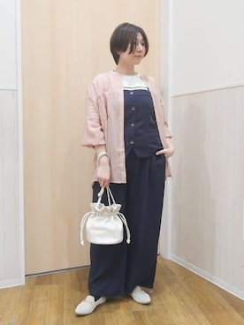 「DRESKIP（ドレスキップ）の【高レビュー】大人のシアー感 バンドカラーシャツ（シャツ/ブラウス、ピンク系）」を使った、たぐちゃんさん（レディース・153cm）の春コーディネート
