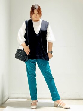 「ESPERANZA（エスペランサ）のダブルストラップパンプス（パンプス、ホワイト系）」を使った、yumiさん（レディース・162cm）の夏コーディネート