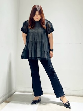 「ESPERANZA（エスペランサ）のリボンバレエコアパンプス（パンプス、ブラック系）」を使った、yumiさん（レディース・162cm）の夏コーディネート