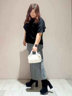 「ESPERANZA（エスペランサ）のスカーフリボンキルティングバッグ（ショルダーバッグ、ホワイト系）」を使った、yumiさん（レディース・162cm）の秋コーディネート