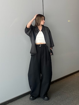 「Lui's（ルイス）のベルテッドダブルクロースカーブパンツ（スラックス、ブラック系）」を使った、　kAEDE  さん（レディース・162cm）の夏コーディネート