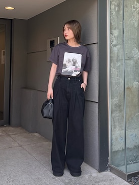 「Lui's（ルイス）のシルケットフォトTシャツ（Tシャツ/カットソー、グレー系）」を使った、　kAEDE  さん（レディース・162cm）の夏コーディネート