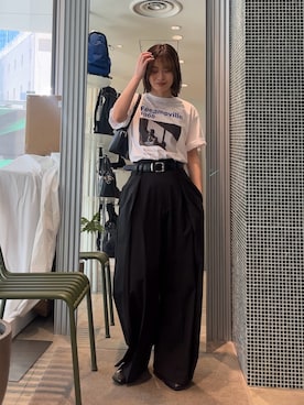 「Lui's（ルイス）のポプリンストライプラップデザインパンツ（スラックス、ブラック系）」を使った、　kAEDE  さん（レディース・162cm）の春コーディネート