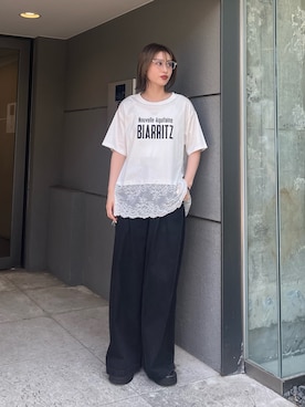 「Lui's（ルイス）のレース切替プリントロゴTシャツ（Tシャツ/カットソー、ホワイト系）」を使った、　kAEDE  さん（レディース・162cm）の夏コーディネート