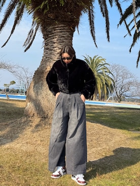 「MONO-MART（モノマート）の【nui nullu】2WAYショートファージャケット（ブルゾン、ブラック系）」を使った、はるさん（レディース・165cm）の春コーディネート