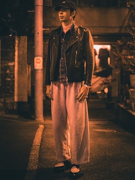 「アイテム（ライダースジャケット）」を使った、harukiさん（メンズ・185cm）の秋コーディネート