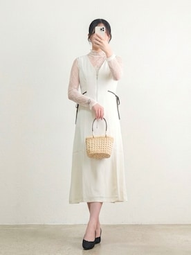 「mily bilet（ミウィビレット）の【mily bilet】ふとした仕草までも、愛おしく♪夏に大活躍の大人フェミニンリネンライクロングジャンスカ(ロング丈)（ワンピース、ホワイト系）」を使った、しちみ🌶さん（レディース・168cm）の春コーディネート