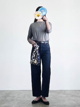 「AZUL by moussy（アズールバイマウジー）の袖シアーカットソートップス（Tシャツ/カットソー、ブラック系）」を使った、しちみ🌶さん（レディース・168cm）の春コーディネート