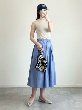 「Miniministore（ミニミニストア）のマルシェバッグ ニットバッグ ミニトート（トートバッグ、ブルー系）」を使った、しちみ🌶さん（レディース・168cm）の夏コーディネート