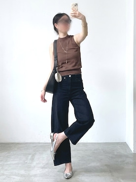 「GU（ジーユー）のアイテム（Tシャツ/カットソー、ブラウン系）」を使った、しちみ🌶さん（レディース・168cm）の夏コーディネート