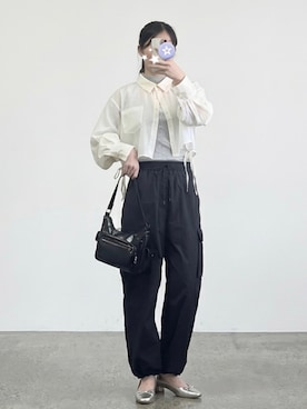 「Heather（ヘザー）のドロストシアーショートシャツ　327868（シャツ/ブラウス、ホワイト系）」を使った、しちみ🌶さん（レディース・168cm）の春コーディネート
