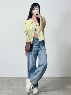 「しまむら（シマムラ）のアイテム（シャツ/ブラウス、イエロー系）」を使った、しちみ🌶さん（レディース・168cm）の夏コーディネート