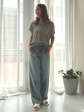 「nissen（ニッセン）の高身長　デニムワイドストレートパンツ（トールサイズ）Essenave（パンツ、ブルー系）」を使った、やすえ(身長170cm)さん（レディース・170cm）の夏コーディネート
