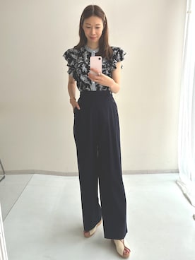 「slattgir（スラットジール）の高身長　綿タッチハイパーライトボタンデザインワイドパンツ（接触冷感・UVカット・イージーケア）（トールサイズ）（その他パンツ、ブルー系）」を使った、やすえ(身長170cm)さん（レディース・170cm）の夏コーディネート
