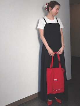 「nissen（ニッセン）の高身長【読者モデルと一緒に作りました】ベーシック綿混コンパクトカットソーTシャツ（トールサイズ）（Tシャツ/カットソー、ブラウン系）」を使った、やすえ(身長170cm)さん（レディース・170cm）の春コーディネート