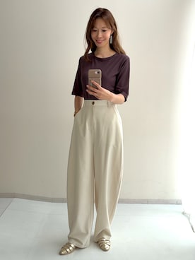 「nissen（ニッセン）の高身長　細リブクルーネック5分袖カットソートップス（トールサイズ）（Tシャツ/カットソー、ブラウン系）」を使った、やすえ(身長170cm)さん（レディース・170cm）の夏コーディネート