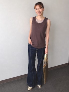 「slattgir（スラットジール）の高身長 フレアデニムパンツ（トールサイズ）Essenave（デニムパンツ、ブルー系）」を使った、やすえ(身長170cm)さん（レディース・170cm）の夏コーディネート