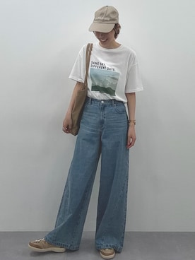 「nissen（ニッセン）のU.S. POLO ASSN.（ユーエスポロアッスン）つば長め洗えるUVシンプルキャップ（選べる２サイズ）（キャップ、ベージュ系）」を使った、やすえ(身長170cm)さん（レディース・170cm）の春コーディネート