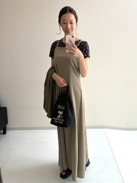 「nissen（ニッセン）の高身長　シアードットクルーネック半袖プルオーバー（トールサイズ）Essenave（Tシャツ/カットソー、ブラック系）」を使った、やすえ(身長170cm)さん（レディース・170cm）の秋コーディネート