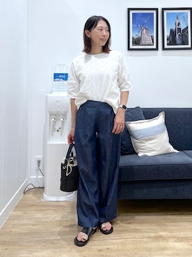 「Dessin（デッサン）の【マシンウォッシャブル】5分袖レースカットソー（Tシャツ/カットソー、ホワイト系）」を使った、吉村佳菜子さんの夏コーディネート