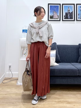 「Dessin（デッサン）のバックヘンリーカットソー5分袖（Tシャツ/カットソー、グレー系）」を使った、canaさん（レディース・160cm）の夏コーディネート