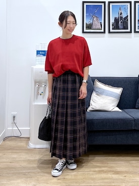 「Dessin（デッサン）の【UVカット/マシンウォッシャブル】6分袖配色ニット（ニット/セーター、レッド系）」を使った、canaさん（レディース・160cm）の夏コーディネート