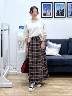 「Dessin（デッサン）の【セットアップ可】シアーチェック プリーツスカート（スカート、ブルー系）」を使った、canaさん（レディース・160cm）の夏コーディネート