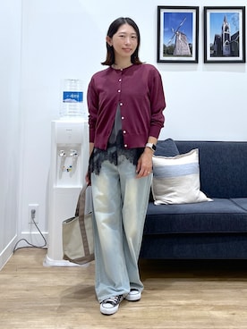 「Dessin（デッサン）のペーパータッチ クルーネックカーディガン（カーディガン/ボレロ、レッド系）」を使った、canaさん（レディース・160cm）の夏コーディネート