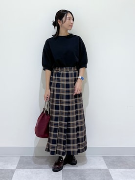 「Dessin（デッサン）のバックヘンリーカットソー5分袖（Tシャツ/カットソー、ブラック系）」を使った、canaさん（レディース・160cm）の夏コーディネート