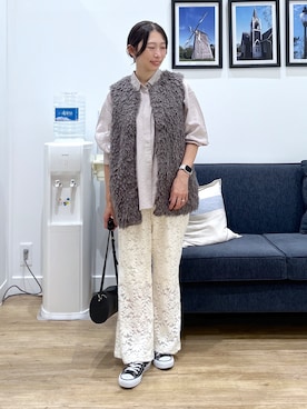 「Dessin（デッサン）のフェイクファージレ（ベスト、グレー系）」を使った、canaさん（レディース・160cm）の夏コーディネート