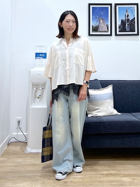 「Dessin（デッサン）のサテンレース キャミソール（タンクトップ、グレー系）」を使った、canaさん（レディース・160cm）の夏コーディネート